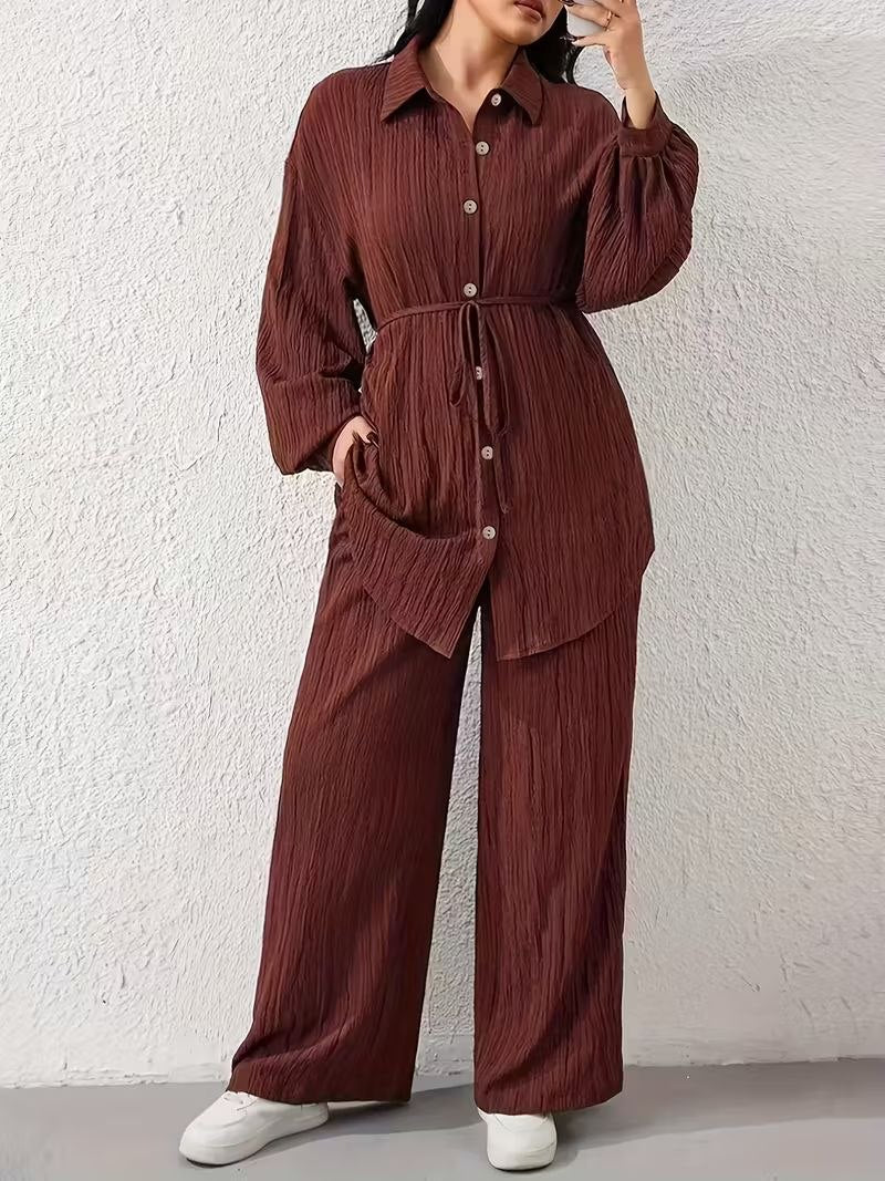 Textured Crinkle-Finish Tunic & Wide Leg Trouser Duo