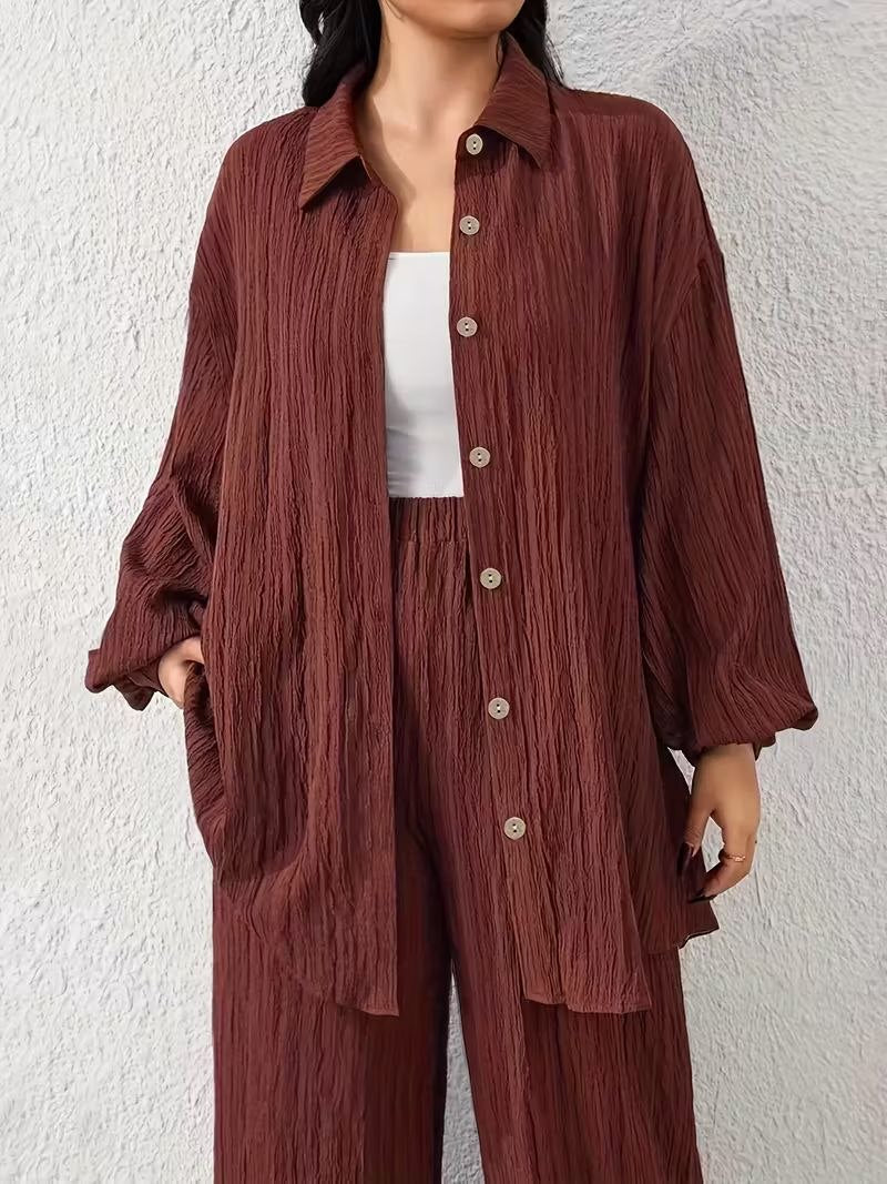 Textured Crinkle-Finish Tunic & Wide Leg Trouser Duo