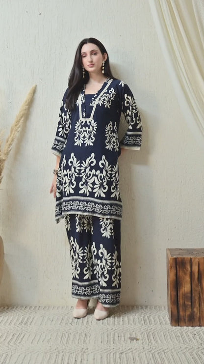 Rivayat Navy Noor Pure Cotton Floral Printed Co-ord Set | Elegant Casual Wear